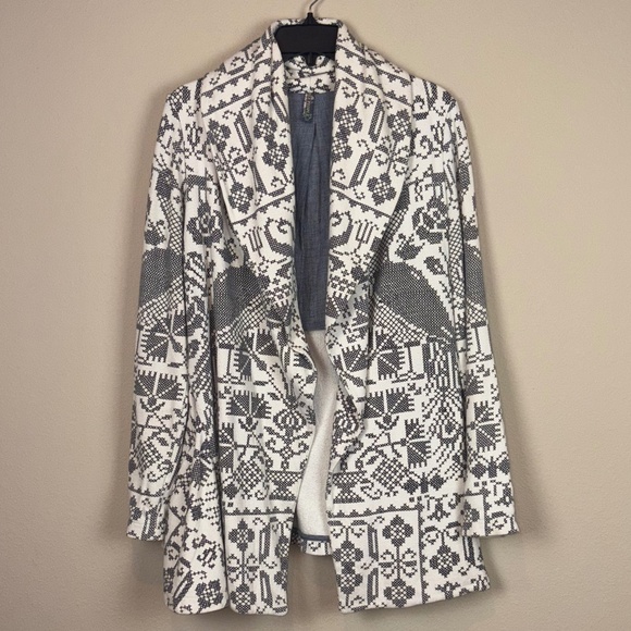 Free People Cream w/ Gray/Black Printed Cross Stitch Design Open Front Jacket - Picture 1 of 14